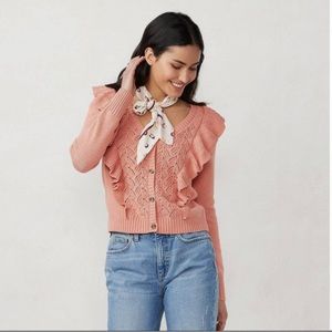 NWT LC Lauren Conrad Women’s XS Coral Pointelle Ruffle Cardigan